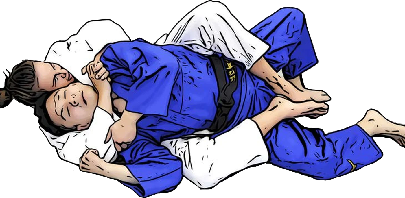 Illustration der Judo-Technik Hadaka-jime (Freies Würgen)