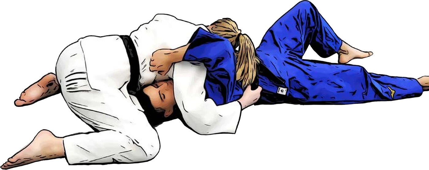 Illustration der Judo-Technik Kami-shiho-gatame (Oberer Vierpunkt-Haltegriff)