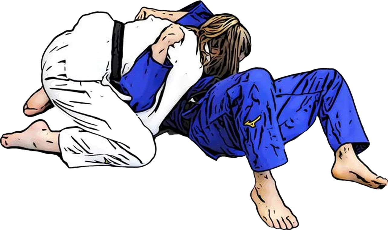 Illustration der Judo-Technik Kuzure-kami-shiho-gatame (Variante des oberen Vierpunkt-Haltegriffs)