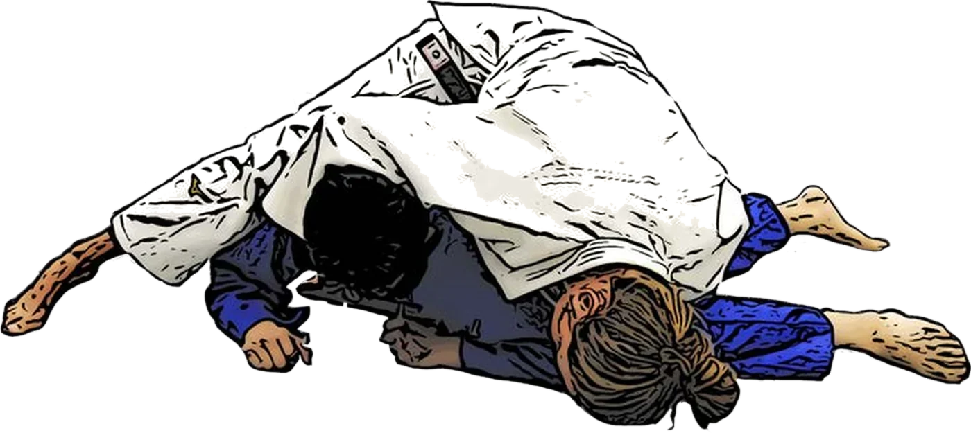 Illustration der Judo-Technik Okuri-eri-jime (Kragen-Nachfass-Würgen (auch „Koshi-jime“))