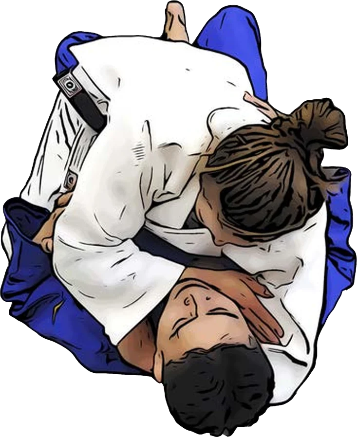 Illustration der Judo-Technik Sode-guruma-jime (Ärmelrad-Würgen)