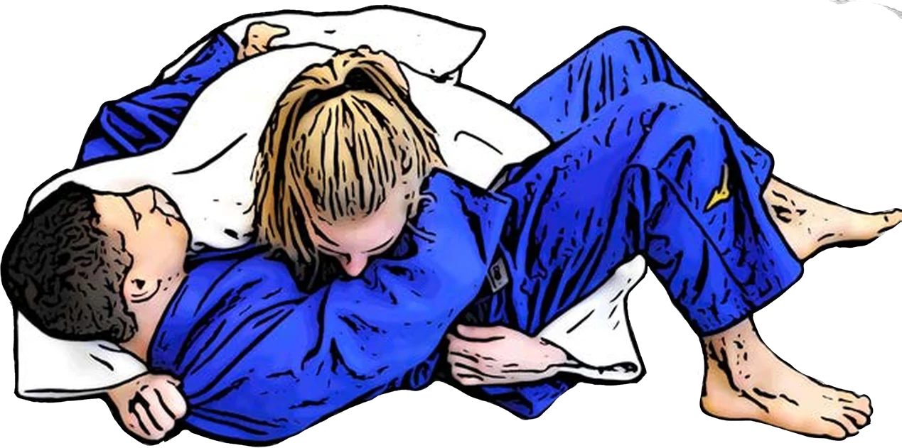 Illustration der Judo-Technik Yoko-shiho-gatame (Seitlicher Vierpunkt-Haltegriff)